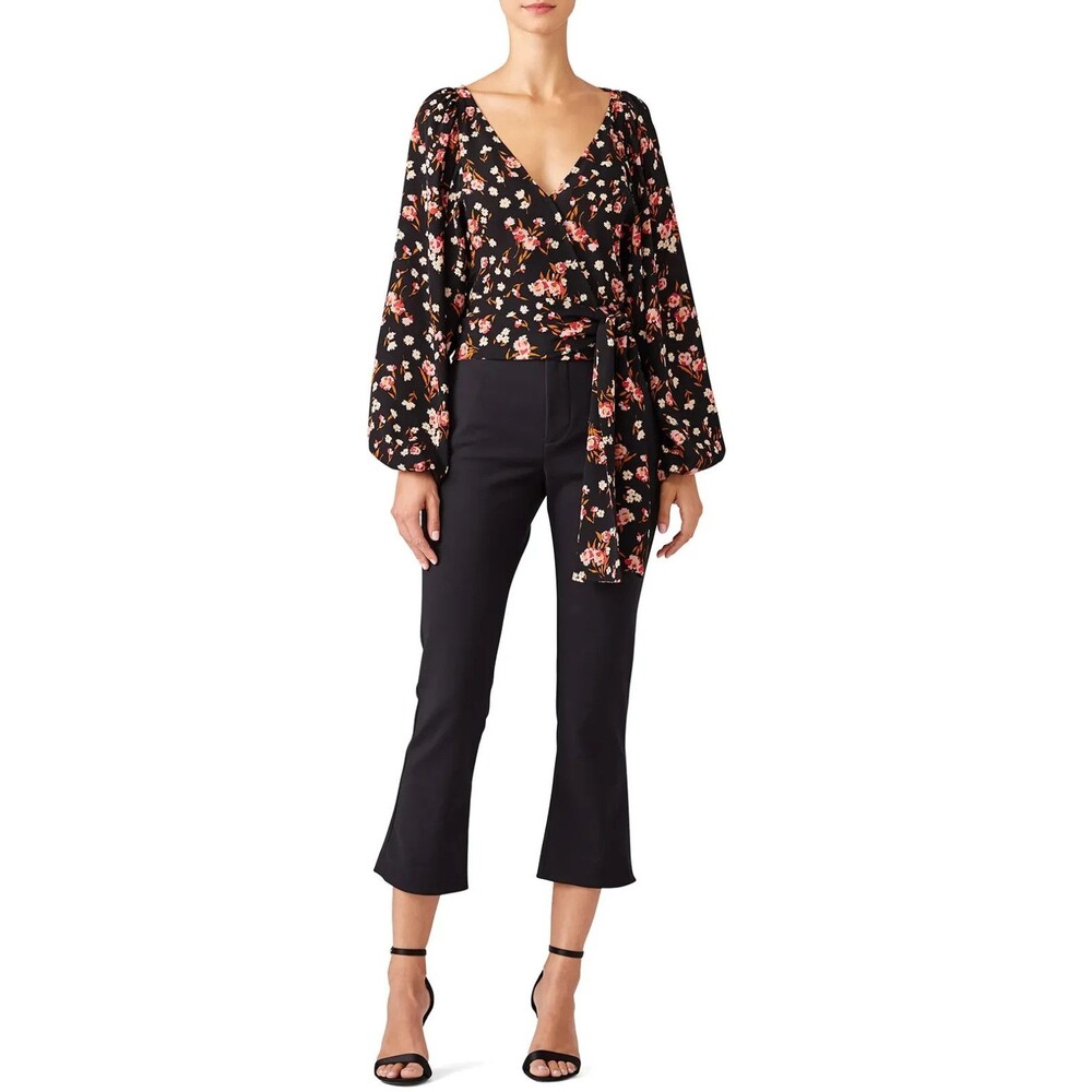 A.L.C. Carla Floral 100% Silk Wrap Floral Black Pink Ruffle Cuffs Blouse Size S